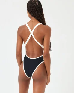 Outlet Ribbed Baewatch One Piece Swimsuit - Black-Cream Classic|One Pieces