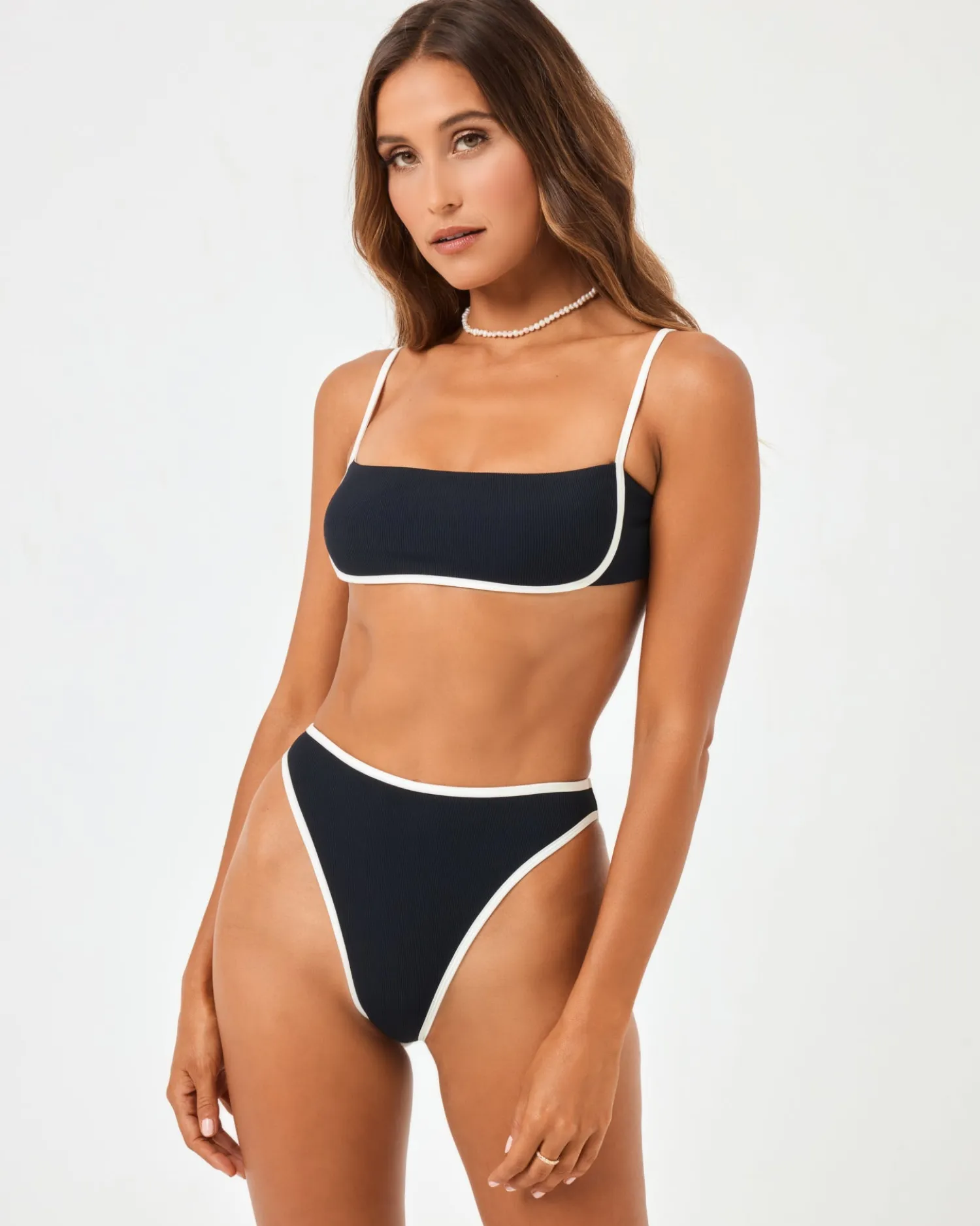 Fashion Ribbed Nora Bikini Bottom - Black-Cream Bitsy|Bikini Bottoms