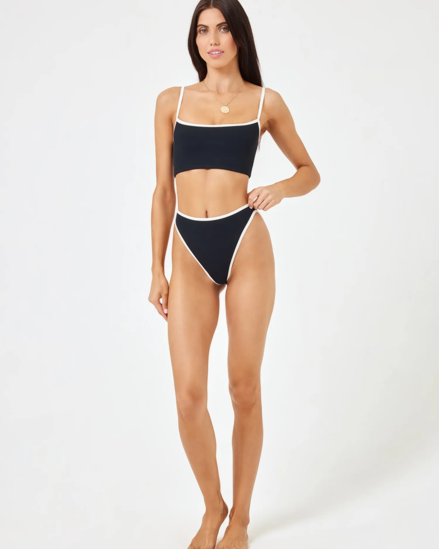 Fashion Ribbed Nora Bikini Bottom - Black-Cream Bitsy|Bikini Bottoms